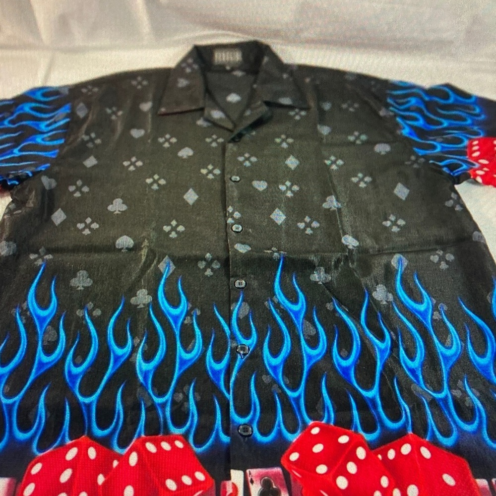 Black Casual Button-Down Shirt with Blue Flame & Red Dice Print